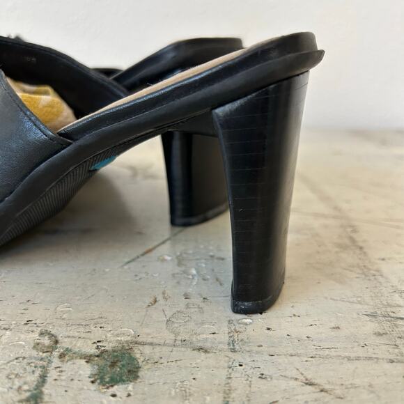 Vintage Nicole Black Leather Mules square toe block heel 90s Y2K minimalist 8 - Picture 6 of 13